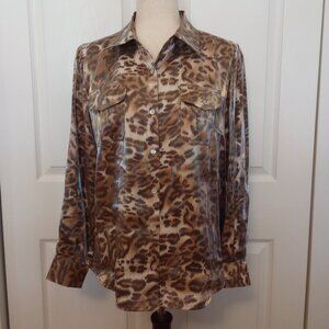 Shimmery Leopard Print Silky Blouse sz 14 Petite Button Front